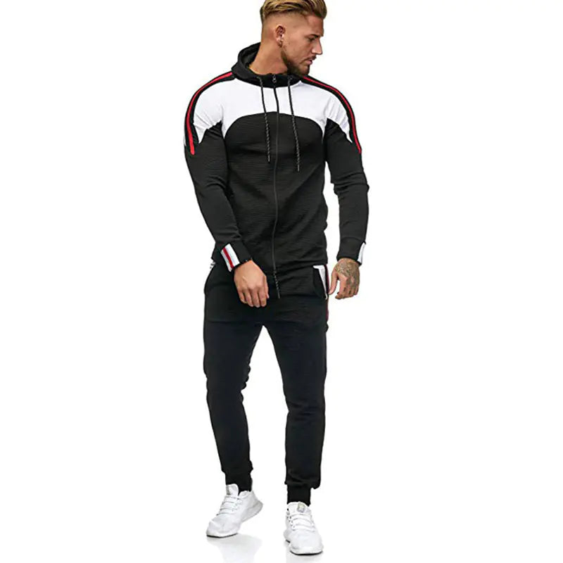 Men's Casual Sports Set with Color Block Hoodie