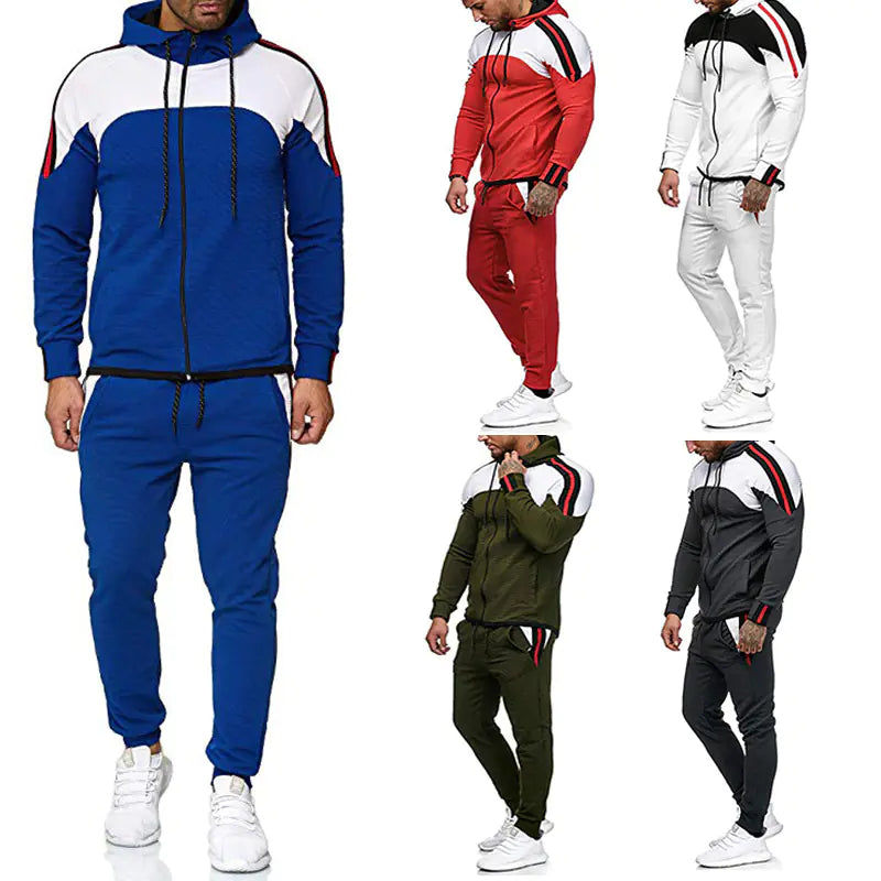 Men's Casual Sports Set with Color Block Hoodie