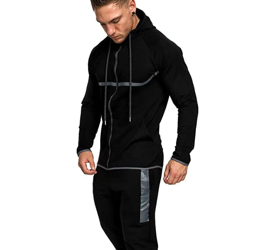 Men's Black and Gray Casual Sports Hoodie Cardigan
