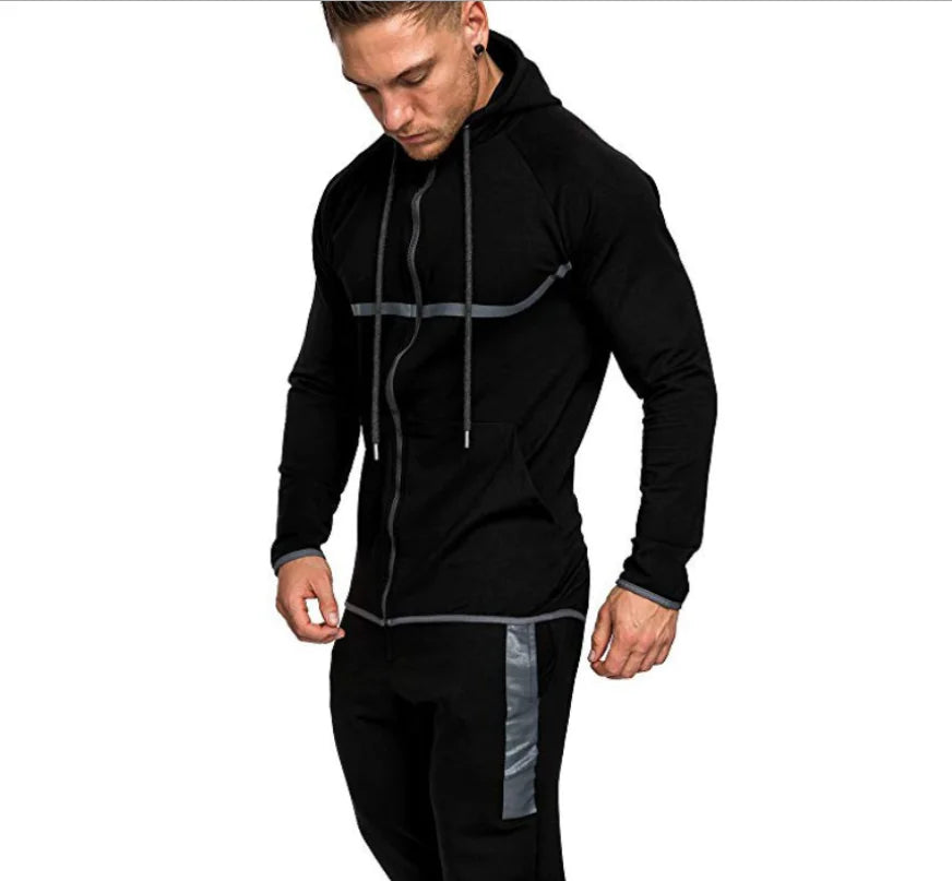 Men's Black and Gray Casual Sports Hoodie Cardigan