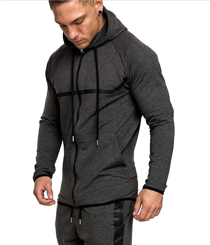 Men's Black and Gray Casual Sports Hoodie Cardigan